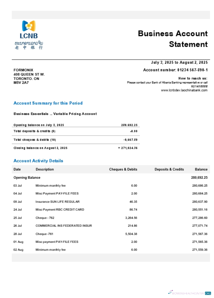 Download Laos LCNB company checking account statement Word and PDF template (1) Photoshop template